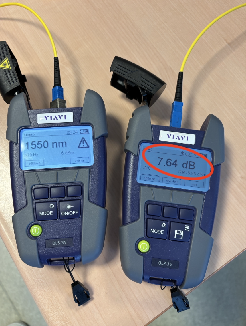 Mesure de puissance optique sur le photomètre Viavi (-7,64 dBW)