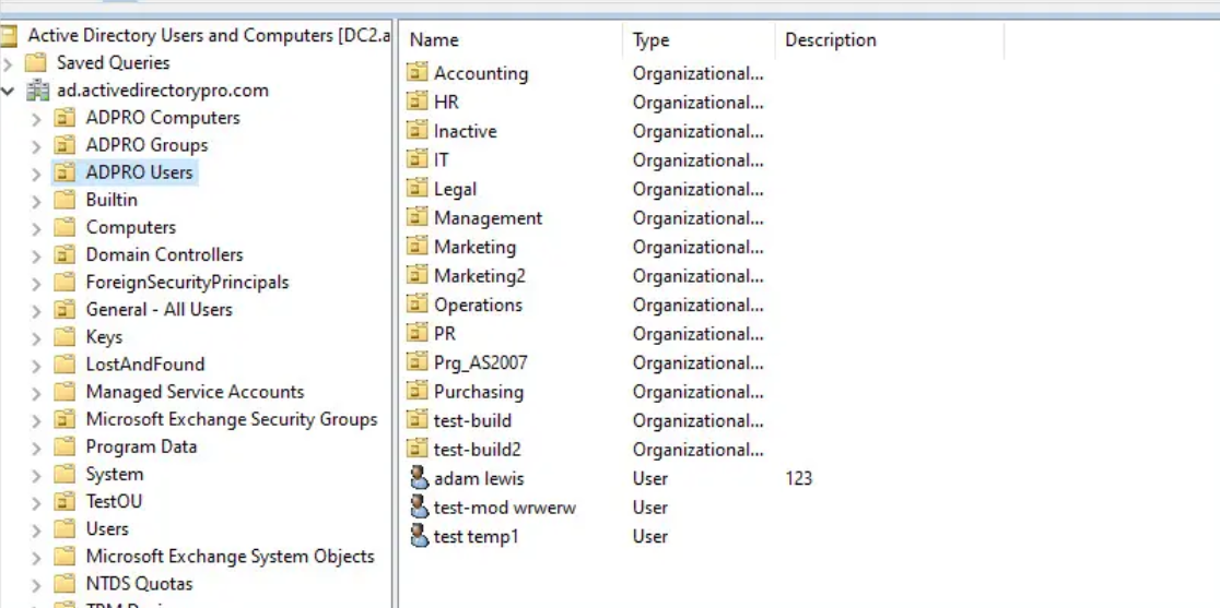 Console 'Utilisateurs et ordinateurs Active Directory' montrant la structure des OU