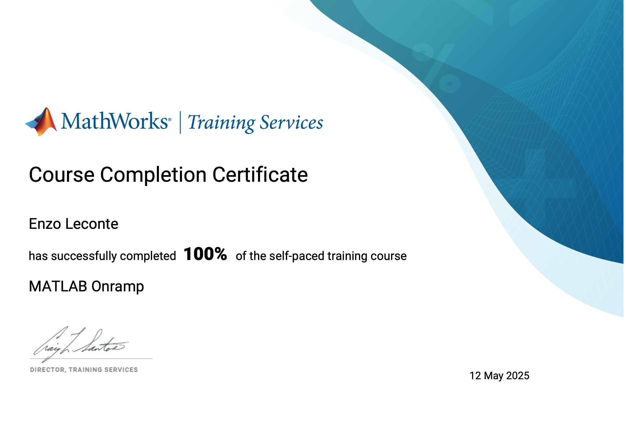 Certificat officiel MathWorks - MATLAB Onramp