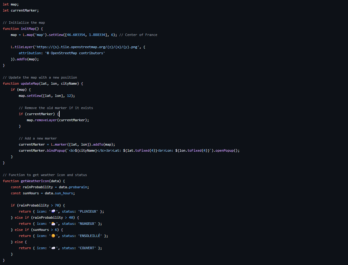 Extrait du script.js montrant la gestion de la carte (Leaflet) et le fetch API